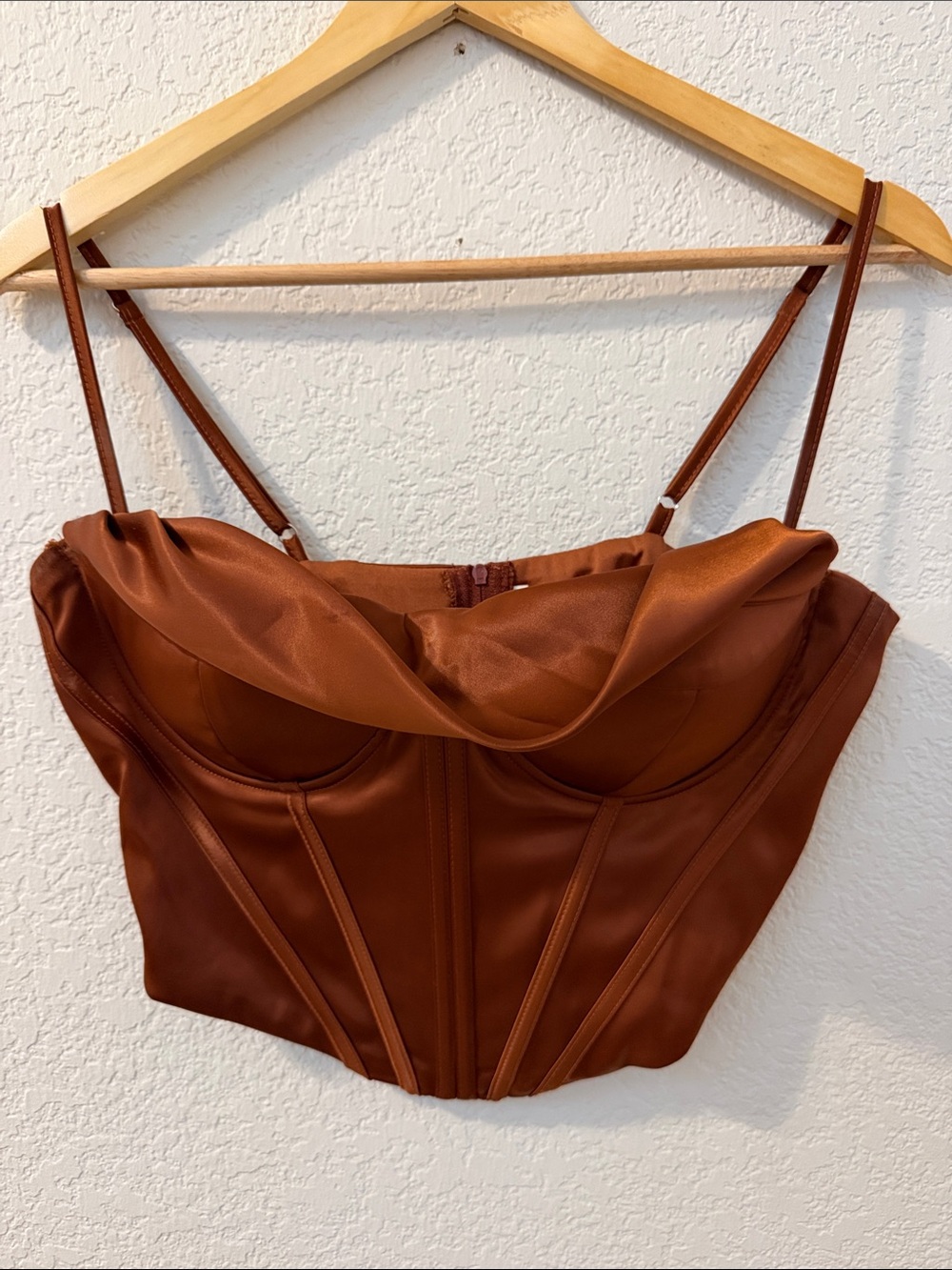 Satin Rust Brown Corset Crop Top with Spaghetti Straps